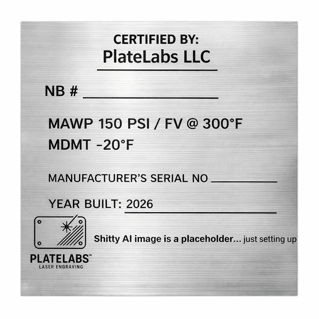 PlateLabs laser-engraved stainless steel pressure vessel nameplate with Certified By, MAWP, MDMT, Serial No, Year Built fields